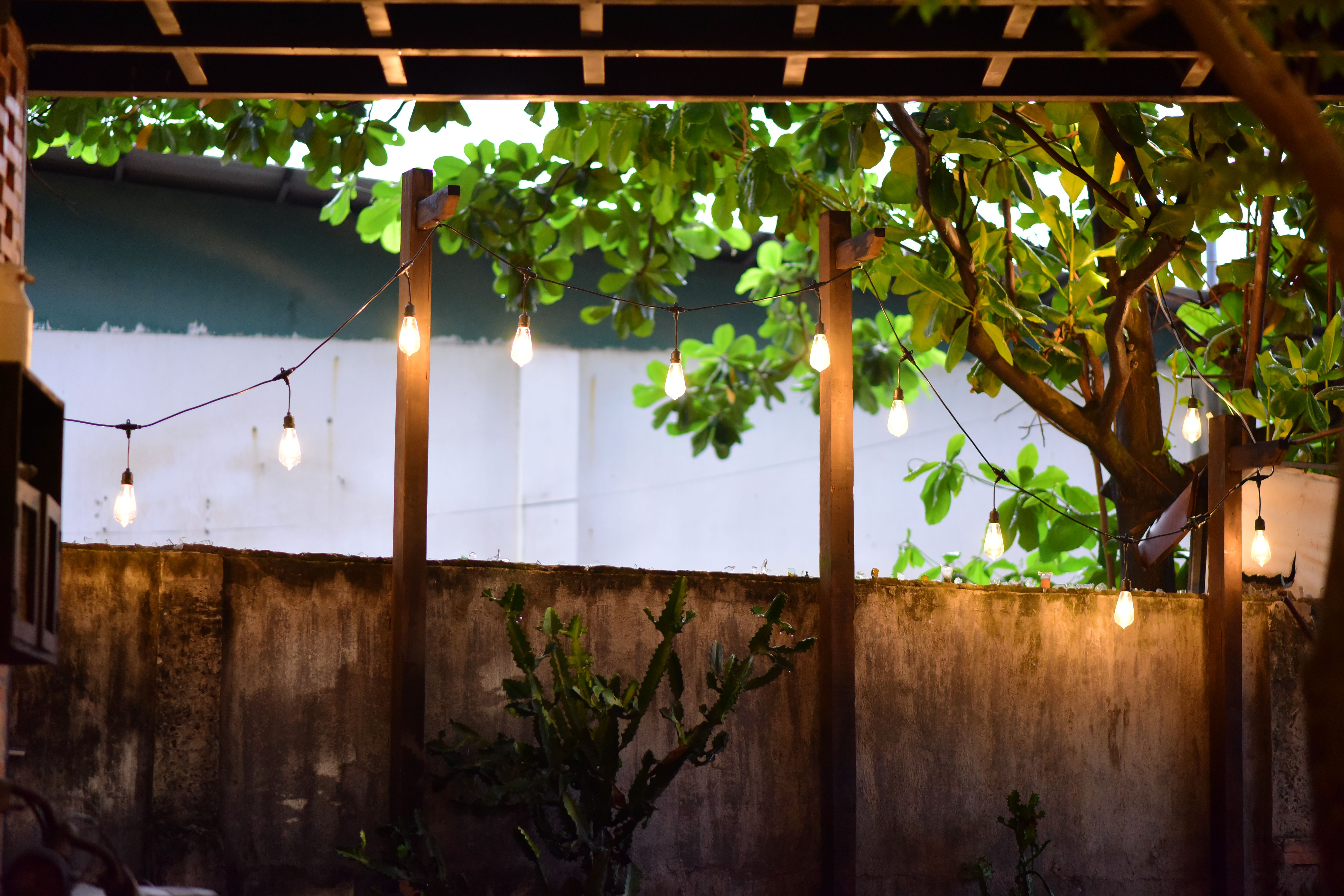 Cozy outdoor patio with glowing string lights and lush greenery for evening relaxation